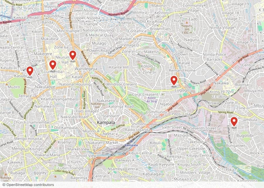 Map of the 5 Chicken Tonight outlets in Central Kampala