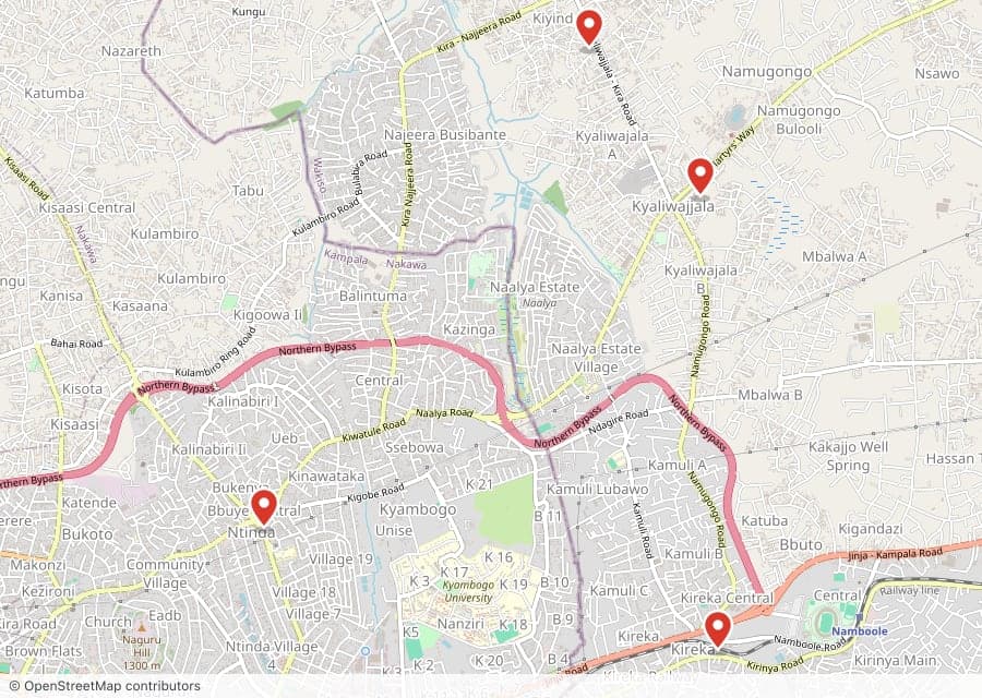 Map of the 4 Chicken Tonight outlets in East Kampala