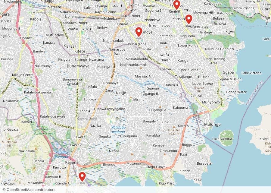 Map of the 4 Chicken Tonight outlets in South Kampala